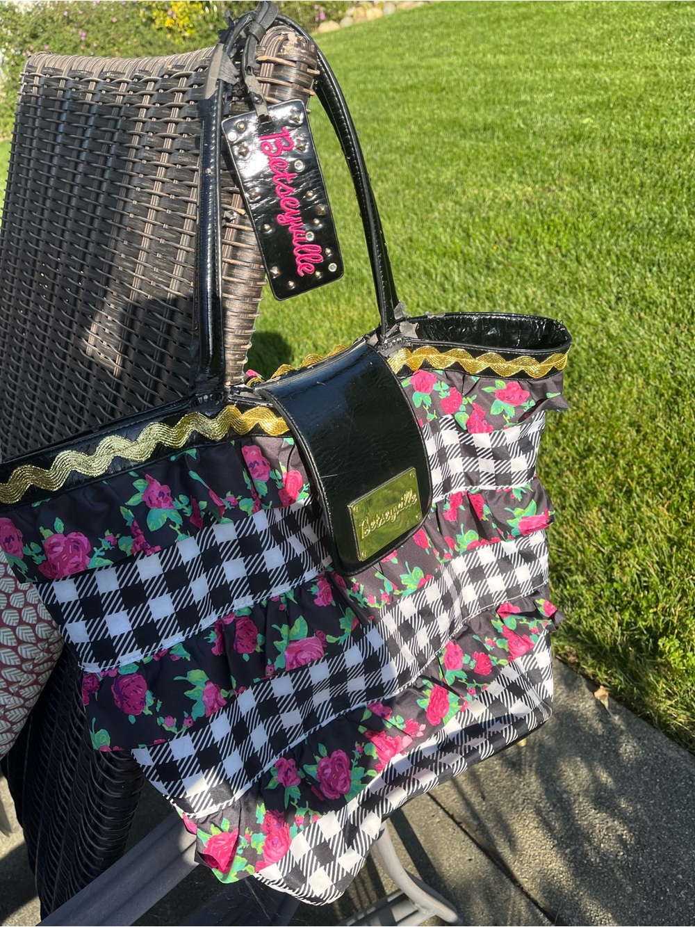 Y2K Betsey Johnson Black Floral Gingham Ruffle Tote with Gold Trim